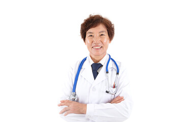 Fototapeta premium Experienced female doctor looking at camera smiling in front of white background