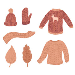 Composition ugly sweater on white background. Russet kit season clothing from sweater, mitten, cap, scarf and foliage sketch hand drawn in style doodle.