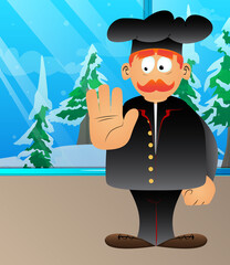 Fat male cartoon chef in uniform showing deny or refuse hand gesture. Vector illustration.