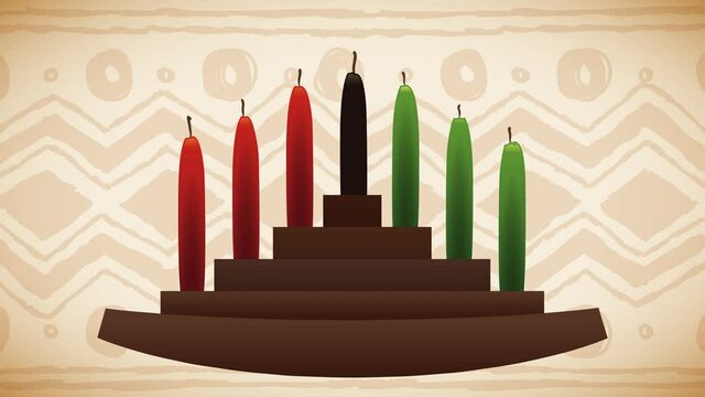 Traditional wooden Kwanzaa kinara with traditional candles and greeting message. Video animation 4K