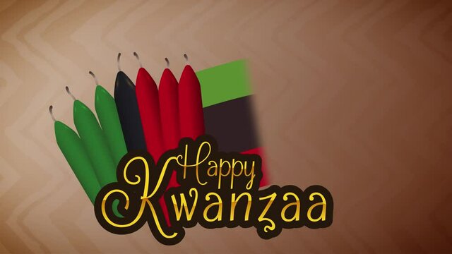 Traditional flag and seven lighted candles with golden letters to celebrate Kwanzaa. Video animation 4K