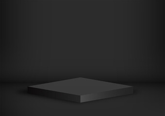 Black square. Blank floor stage for display isolated on dark background. Podium of stand empty for base decor product, advertising, show, contest, award, winner. Minimal style. Vector illustration.