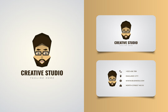 Bearded man logo with afro hair and glasses for your business identity. Male Head Icon - Powered by Adobe