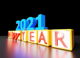 2021 Happy new year on a black scene 3D rendering wallpaper background