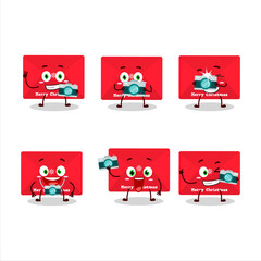 Photographer profession emoticon with red christmas envelopes cartoon character