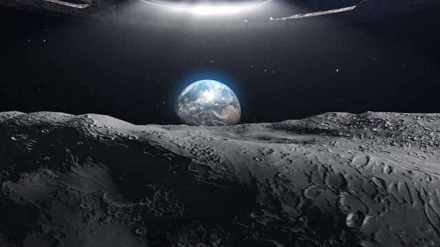 Flying saucer ufo heading toward Earth from the moon
Casting shadow and beam of light, Realistic outer space view Cinematic vision, invasion concept
