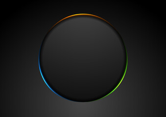 Black abstract circle shape with colorful glowing light tech background. Vector neon corporate design