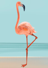 Pink flamingo on a beach illustration - obrazy, fototapety, plakaty