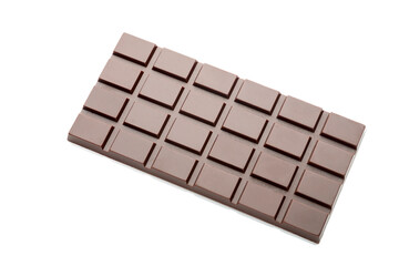 Bar of natural dark chocolate on a white background.