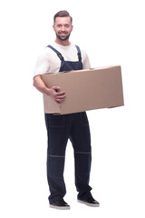 man in workwear with cardboard box isolated on white background