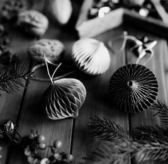 Christmas ornaments on a wooden floor