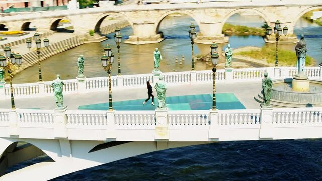 Drone shot of the art bridge on the vardar river.4K.