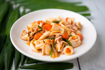 Stir Fried Squid with Salted Egg Yolk, Thai Seafood.