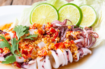 Steam Squid with Spicy Chili and Lemon Sauce - Pla Muk Nung Manow