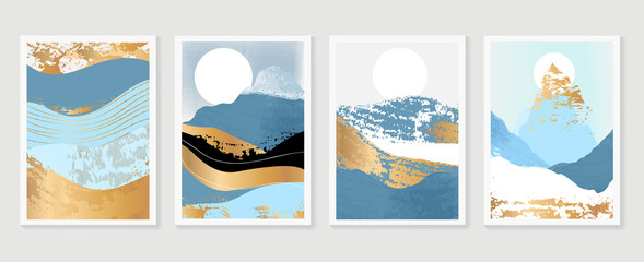 Gold Mountain wall art vector set. Earth tones landscapes backgrounds set with moon and sun.  Abstract Plant Art design for print, cover, wallpaper, Minimal and  natural wall art. © TWINS DESIGN STUDIO