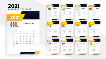 stylish yellow 2021 new year calendar design template