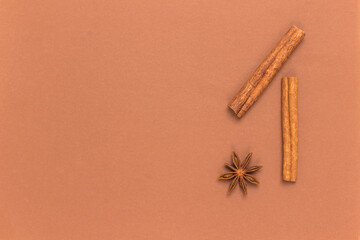 Cinnamon sticks and star anise on brown background. Flat lay. Copy space.