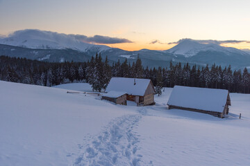 Snowy winter in the Ukrainian Carpathians and picturesque mountain houses