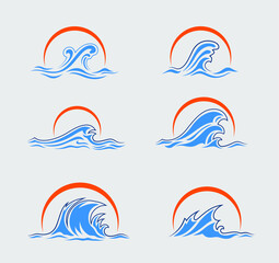 Set of water wave tsunami icon clip art vector with sun element