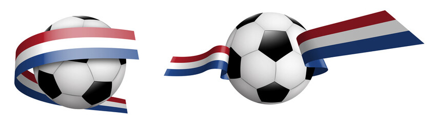 balls for soccer, classic football in ribbons with colors flag of Holland, Netherlands. Design element for football competitions. Holland national team. Isolated vector on white background