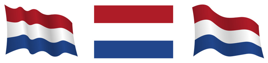 flag of Holland, Netherlands in static position and in motion, developing in wind in exact colors and sizes, on white background