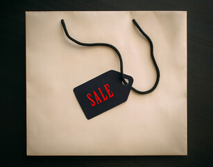 Paper bag with tag black friday isolated on black background, close up. Sales, shopping, consumerism concept.