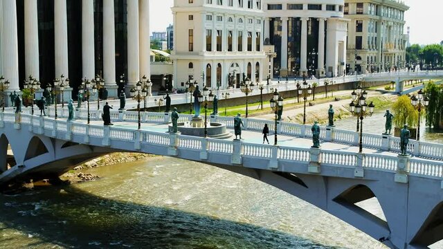 aerial view of Macedonia, Skopje.
Drone capture of bridges and new buildings on the vardar river. 4K.