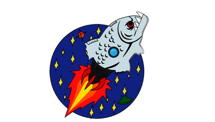 cohete en forma de pez volando en el espacio exterior acompañado de un ovni buscando planetas   © reynaldo