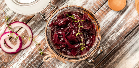 Red onion marmalade jam, confiture, chutney with wine and thyme, Delicious sauce. Gourmet, banner,...