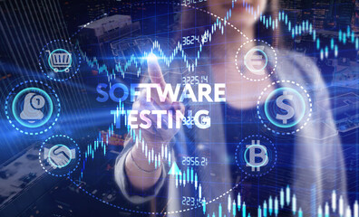 Business, Technology, Internet and network concept. Young businessman working on a virtual screen of the future and sees the inscription: Software testing