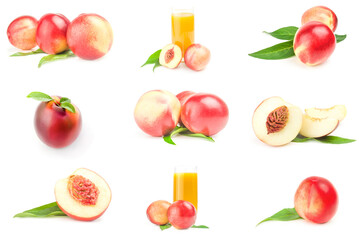 Collage of fresh peaches fruits isolated on a white background cutout