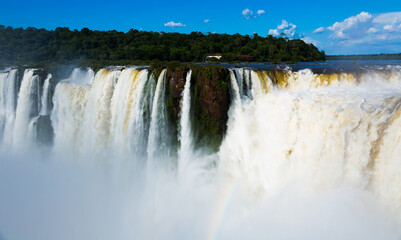 Panoramic view of the massive Iguazu Waterfalls system in Argentina