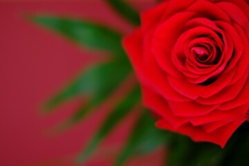 Red rose close-up on a bright red background.Valentine's day greeting card. Floral card with bright red flower.Wedding day, mother's day and women's day.copy space.