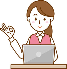 OKのポーズをしているオフィスレディーのイメージイラスト（ノートパソコン）