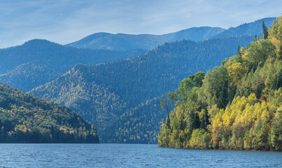 Sayano-Shushensky reservoir on the Yenisei River in Siberia.