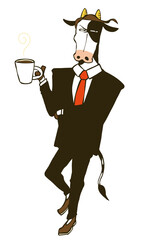 スーツを着てコーヒーを飲む、擬人化されたスーツ姿の牛のイラスト
