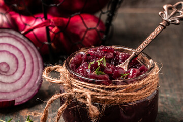 Red onion marmalade jam, confiture, chutney with wine and thyme, Delicious sauce. Gourmet, banner,...