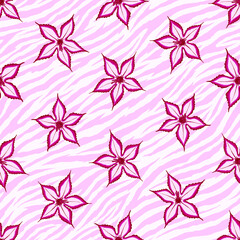 Pink Impala seamless pattern with zebra background. Desert wild flower concept. Vector illustration pattern for surface, t shirt design, print, poster, icon, web, graphic designs. 