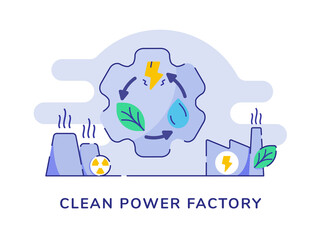 Clean power factory concept recycle reuse water leaf lightning on gear cooling power station white isolated background with flat outline style