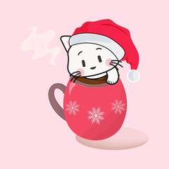 Cute cat in santa claus hat peeks out of a mug.
Vector Christmas illustration.