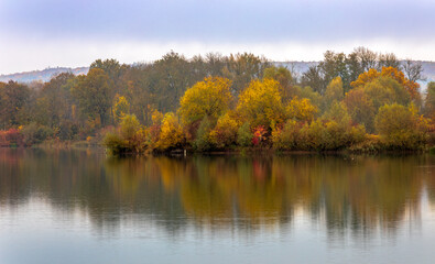 Bunte Bäume im Morgennebel an einem kleinen See in Bayern im Herbst