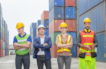 Happiness engineer and worker team standing at container cargo, Success Teamwork Concept
