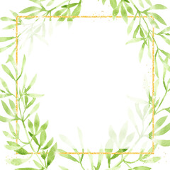 Fototapeta na wymiar watercolor green leaves with golden glitter square frame background for banner