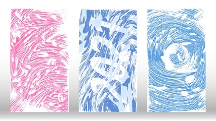 Bright background vertical artworks. Blue and red winter textures made with brush strokes for new 2021 year. Vibrant vector backdrop, modern style set