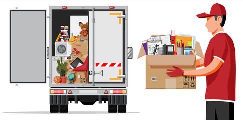 Delivery truck full of home stuff inside. Moving to new house. Family relocated to new home. Boxes with goods. Package transportation. Computer, lamp, clothes, books. Flat vector illustration