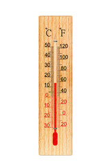 Wooden thermometer isolated on white background. Ambient temperature plus 14 degrees celsius