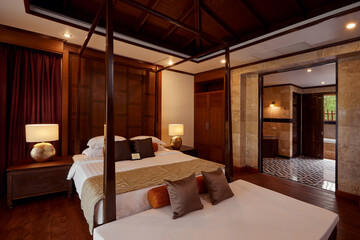 Panoramic view of nice white stylish modern bedroom