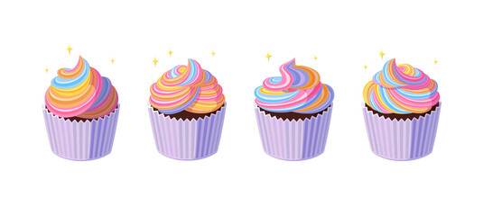 Cupcakes with swirled rainbow icing. Tasty shiny muffins with colorful cream. Vector illustration in cute cartoon style