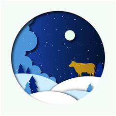 Obraz premium Merry Christmas, Happy New Year vector illustration - golden cow, symbol of the year 2021, in winter forest. 
