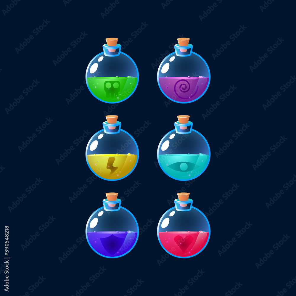Aufkleber set of game ui colorfull potion bottle magic power up for gui asset elements vector illustration